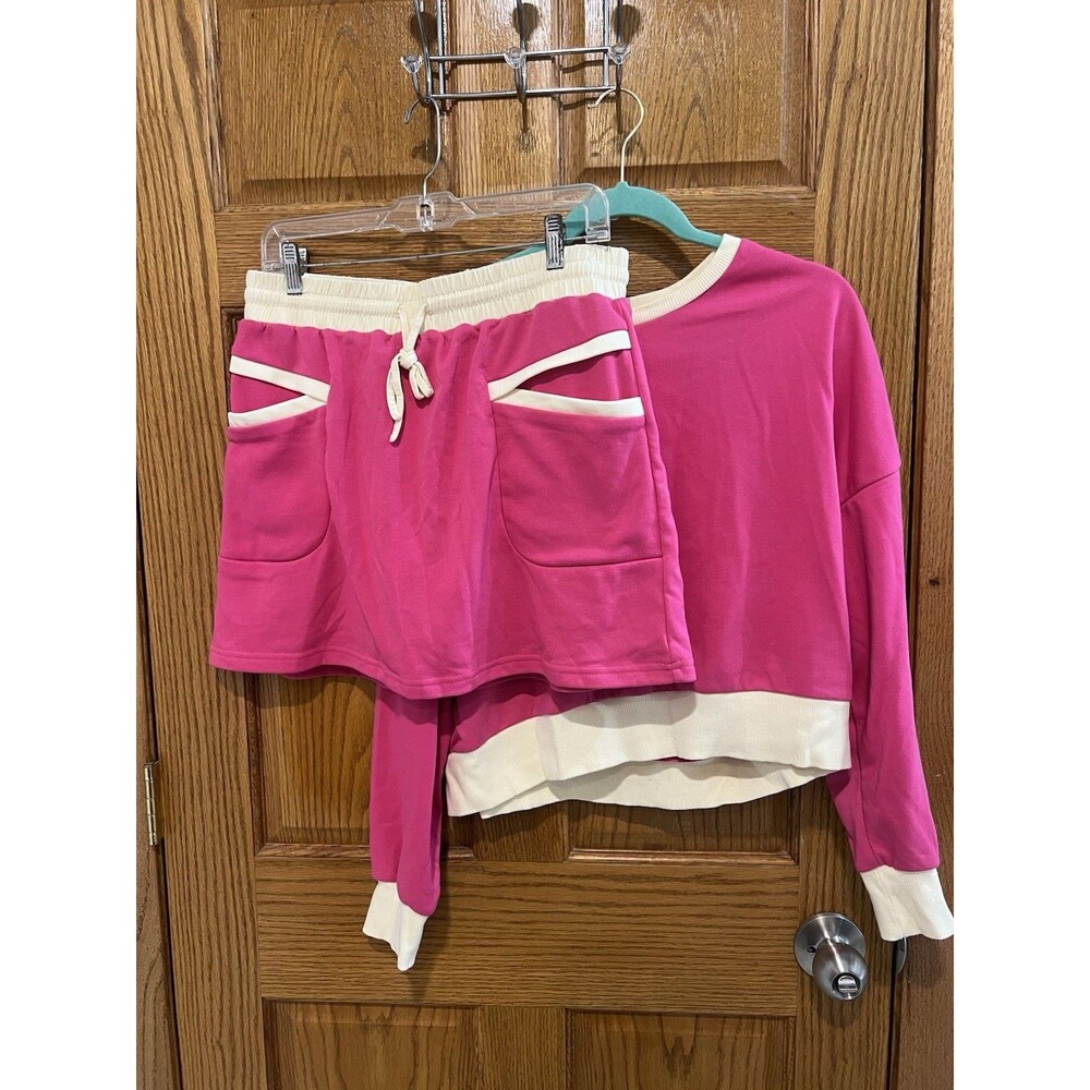 Amazon Pink And White Contrast Trim Loungewear Crewneck And Skort